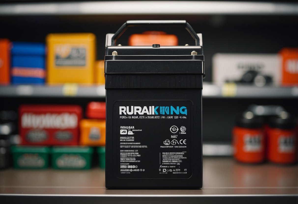 A car battery labeled "Rural King" sits on a shelf in a dimly lit auto parts store, surrounded by other automotive products