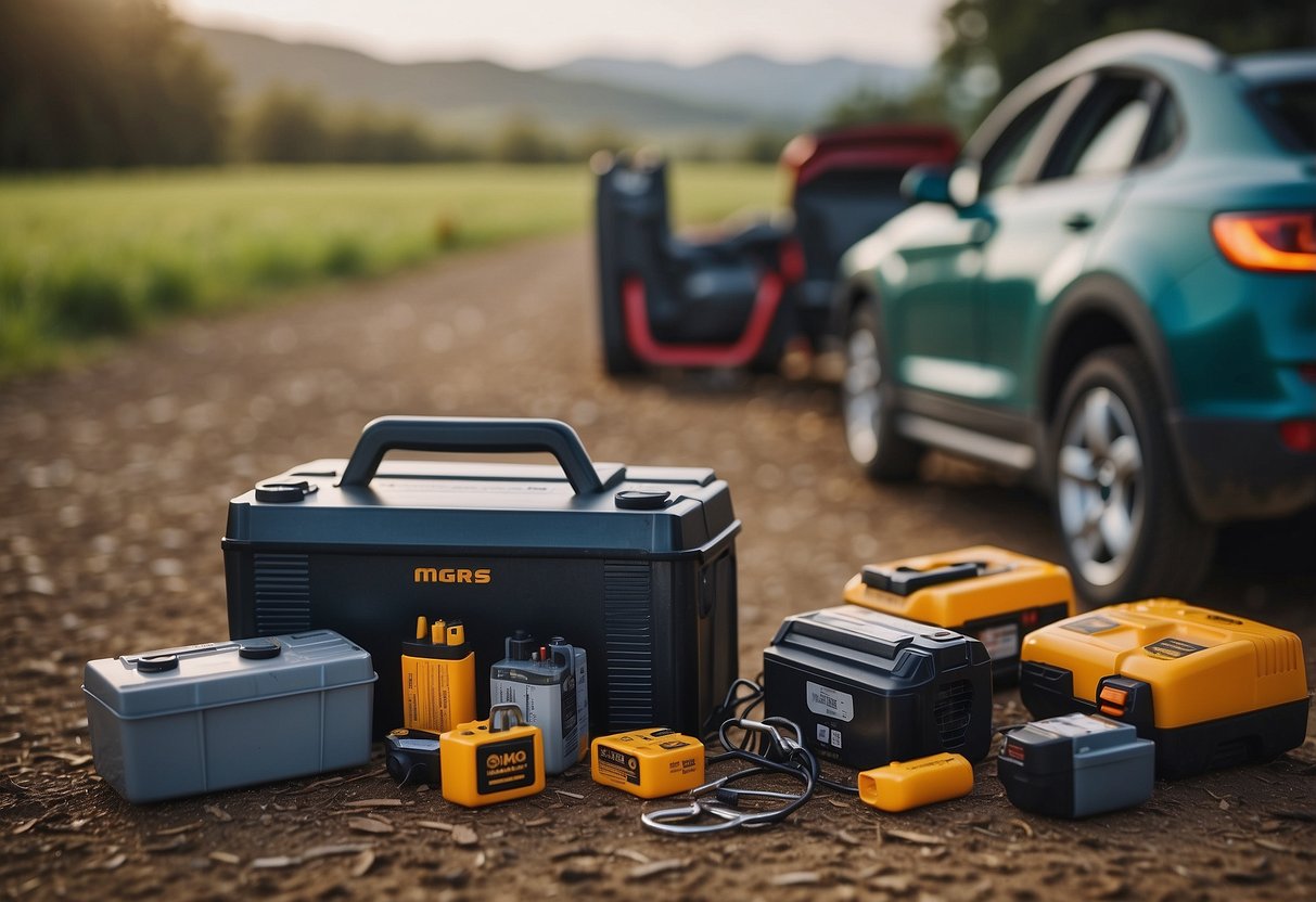 A rural landscape with a car battery displayed prominently, surrounded by tools and farm equipment, with a clear focus on the pricing and value