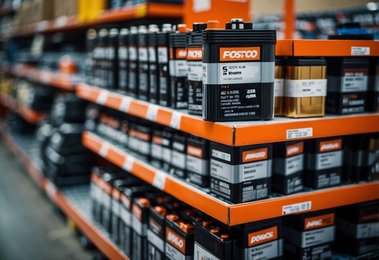 A car battery sits on a shelf at Costco, surrounded by other automotive supplies and price tags