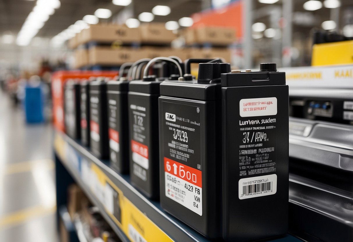 A car battery sits on a shelf at Costco next to a price tag. A smaller tag shows a higher price at a different store