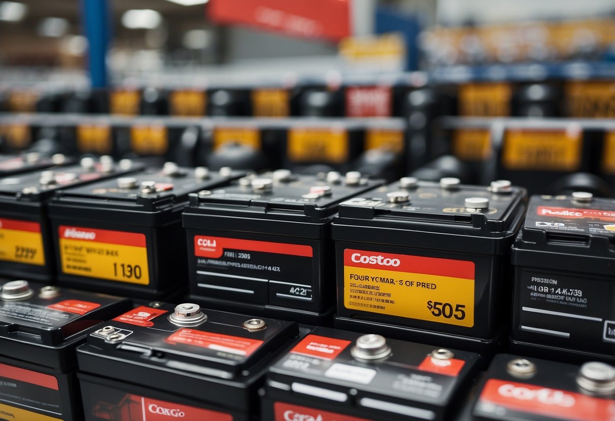 A display of various car batteries at Costco, with price tags and product information clearly visible