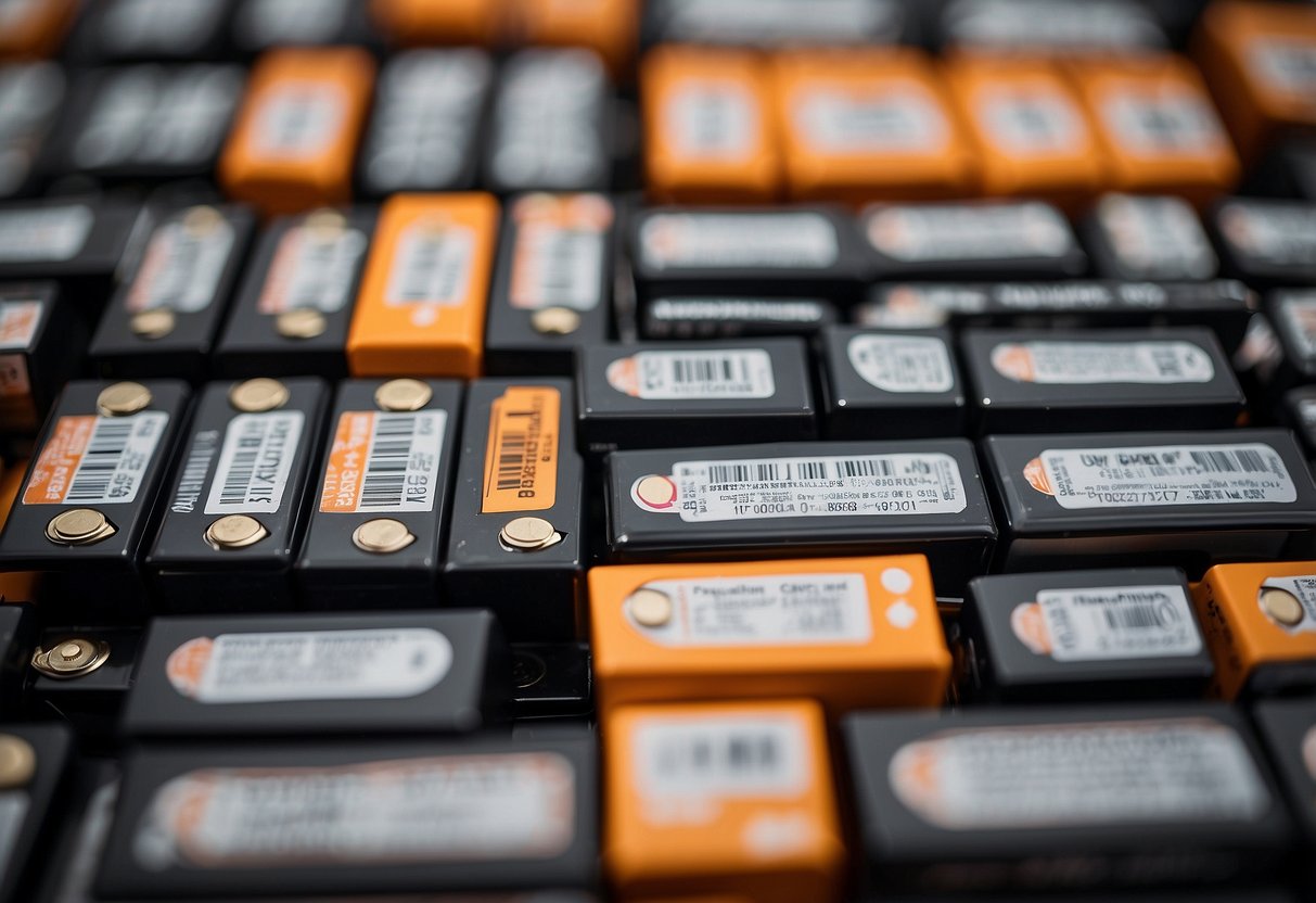 A stack of car batteries displayed in Costco with a price tag showing lower prices compared to other retailers