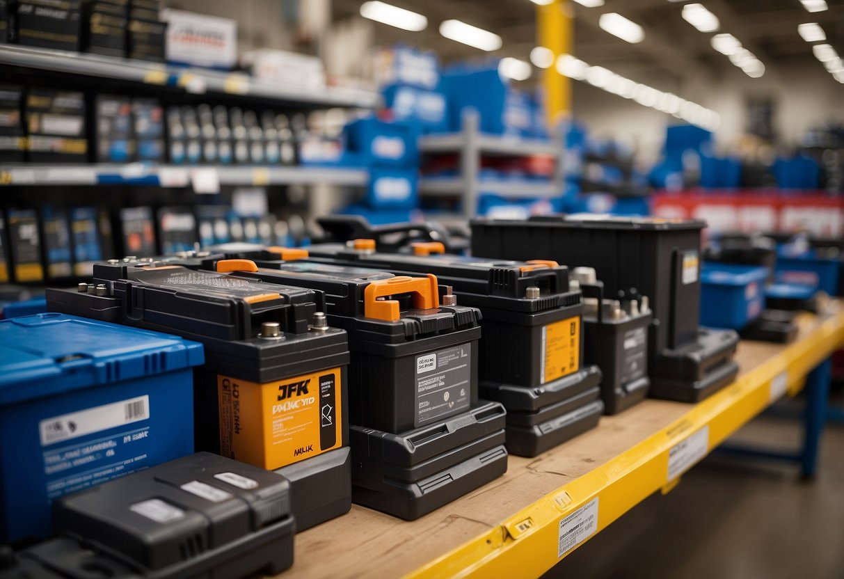 A car battery sits on a shelf at Costco, surrounded by various tools and equipment for maintenance and troubleshooting