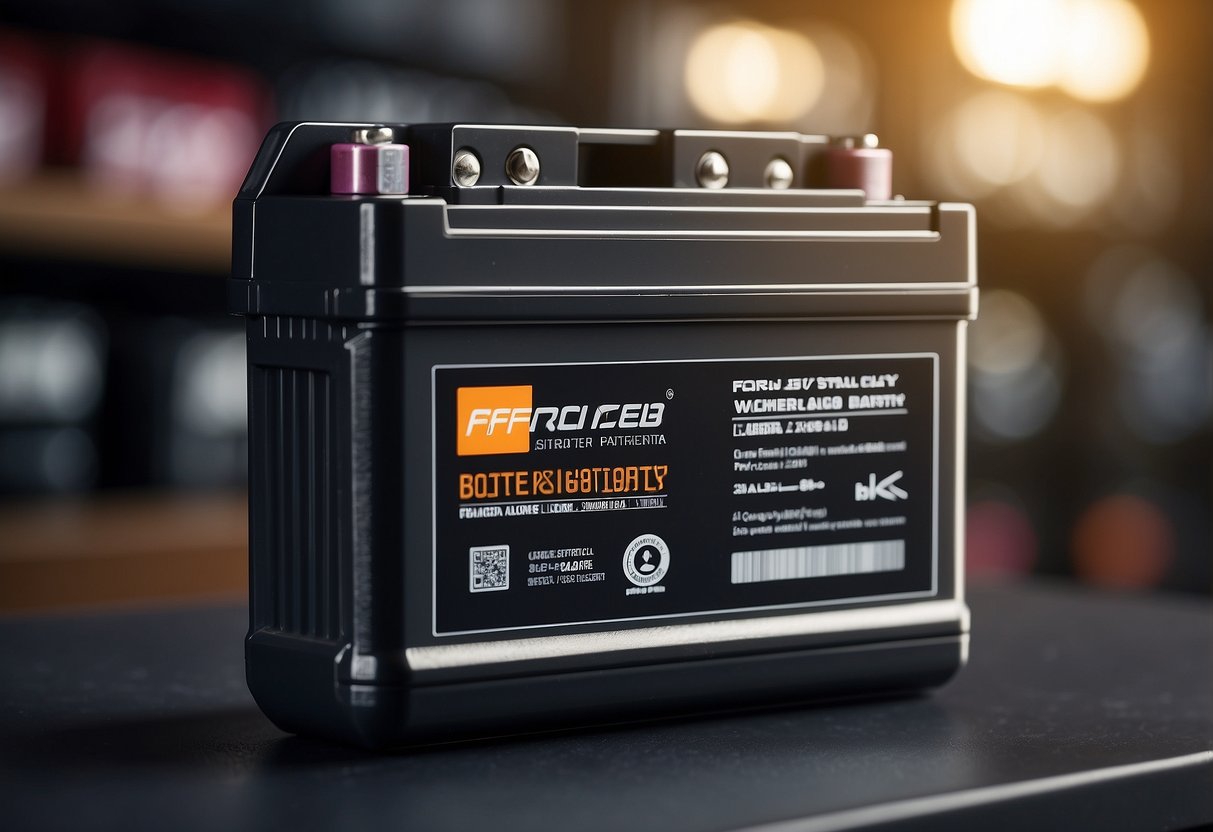 A sealed car battery sits on a shelf, showing its construction and type