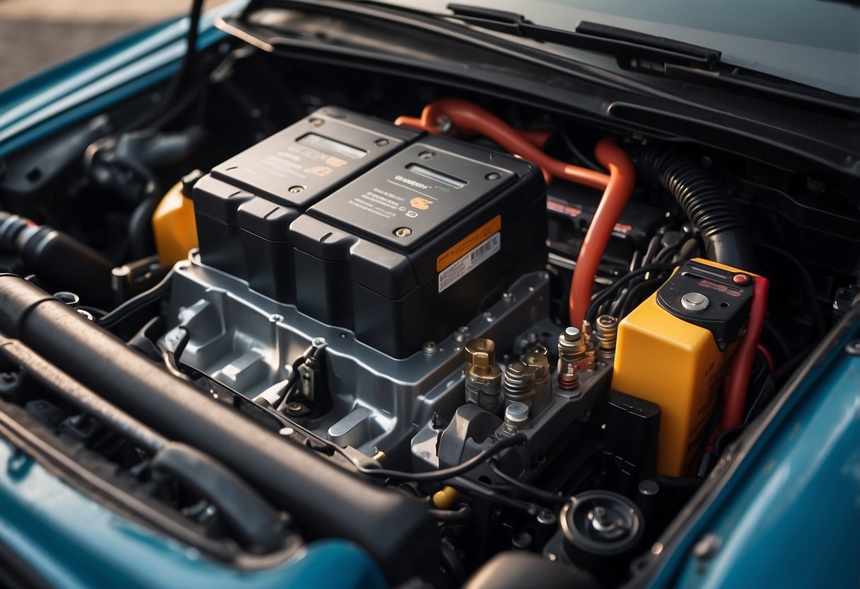 A sealed car battery sits inside the engine compartment, connected to the vehicle's electrical system