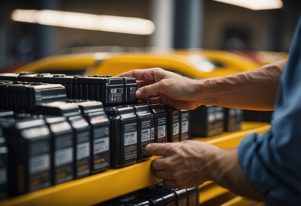 A hand reaches for a sealed car battery on a shelf, surrounded by various other battery options