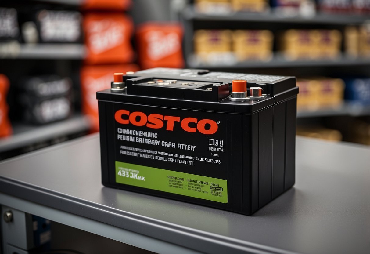 A Costco car battery sits on a shelf, surrounded by various factors that can affect its longevity. A warranty information card is displayed next to the battery