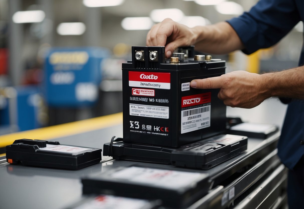 A Costco car battery being exchanged under warranty with a technician overseeing the replacement process