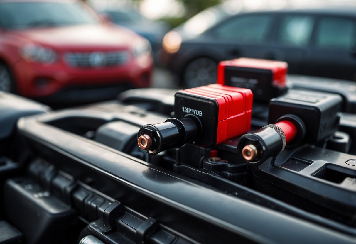 Two car battery terminals, one red and one black, sit atop a standard-sized car battery