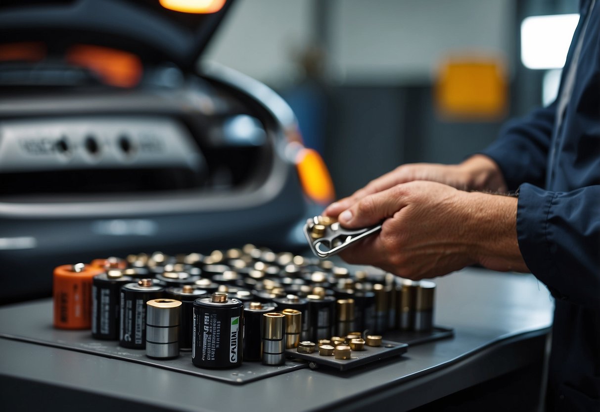 Car battery terminals, typically around 1/2 inch in diameter, are being measured with a ruler by a technician in a well-lit garage