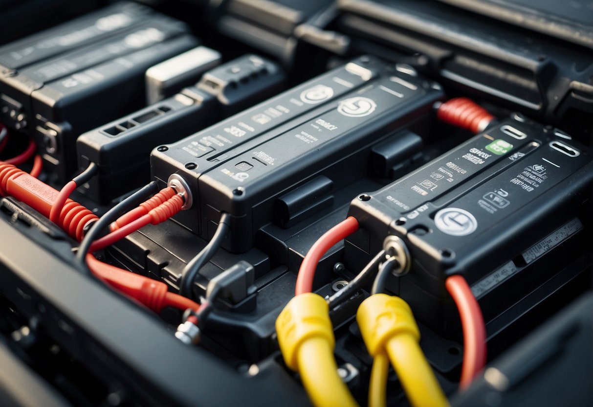 A car battery with specialized terminals, one larger and one smaller, connected to cables