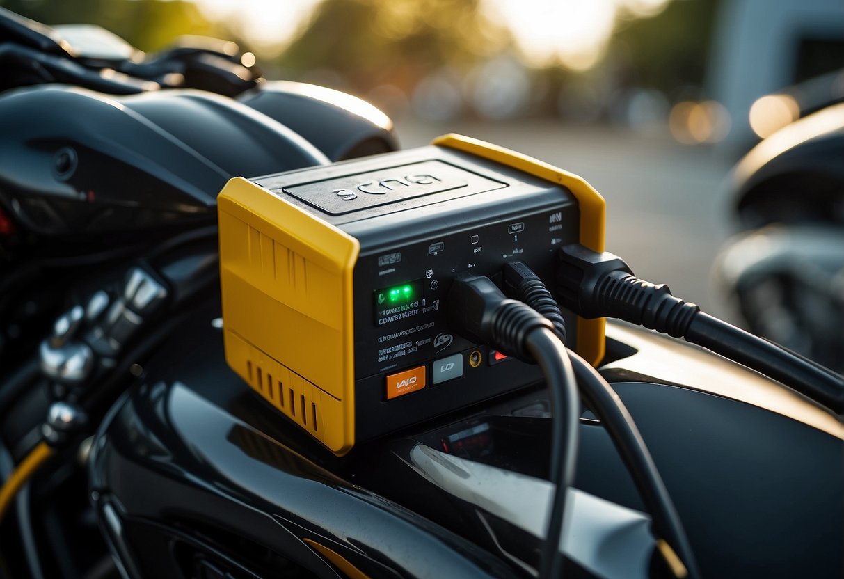 A car battery charger connected to a motorcycle battery