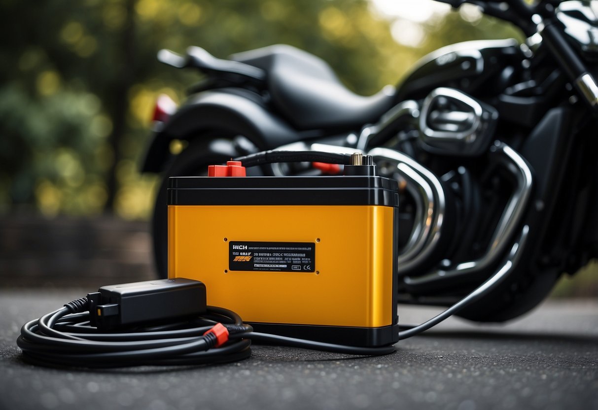 A motorcycle battery connected to a car battery charger with cables