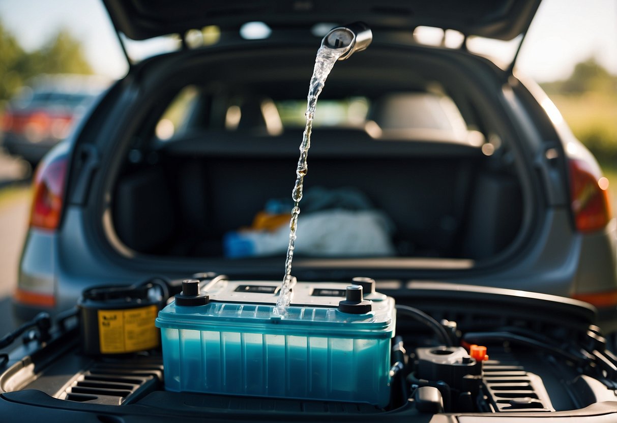 A car battery with distilled water being poured into it from a clear container, with the car hood open and the engine visible in the background