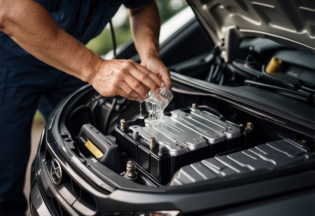 A mechanic carefully pours distilled water into a car battery, ensuring proper maintenance for extended battery lifespan