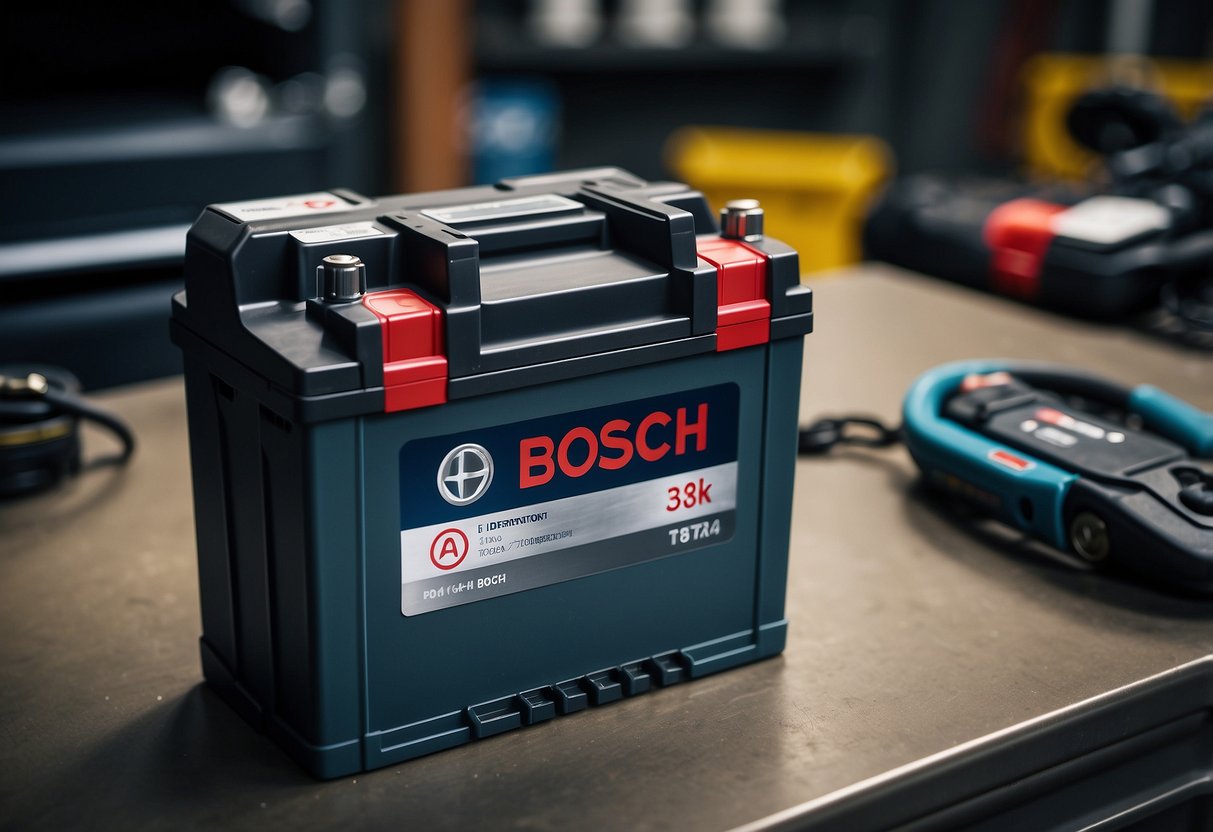 A Bosch car battery sits in a clean, well-lit garage, surrounded by tools and automotive equipment. Its sleek design and prominent logo convey quality and reliability