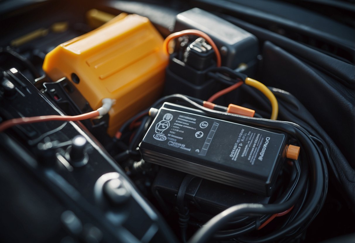 A car battery wrapped in a heated blanket, with wires connected to a power source