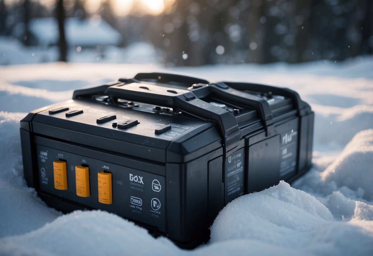 A car battery wrapped in a blanket, surrounded by snow and cold air. Voltage meter shows stable performance