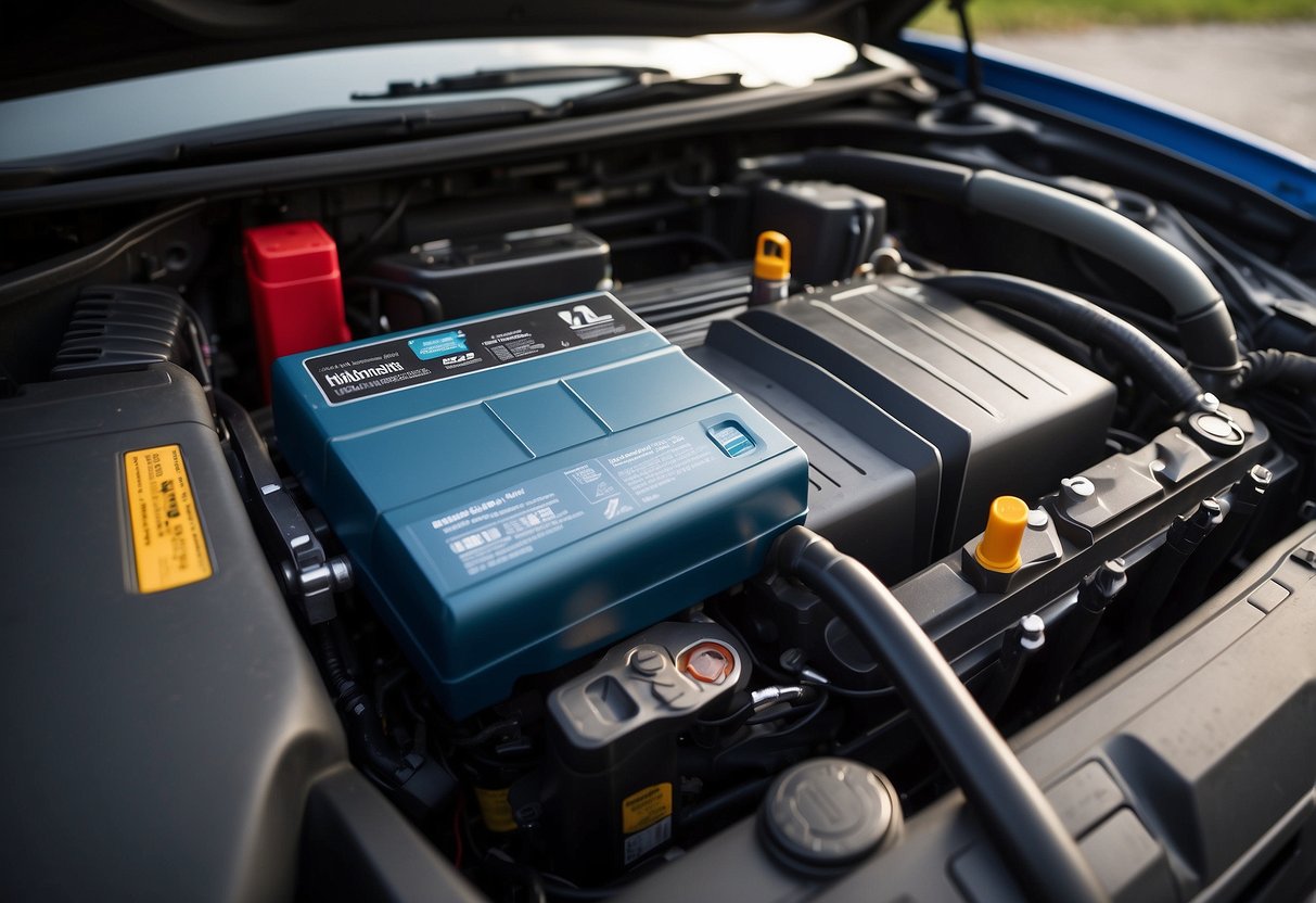 A car battery blanket is shown wrapped around a car battery, with the plug extending out for connection. The blanket is snugly fitted to the battery, and there is a power source nearby