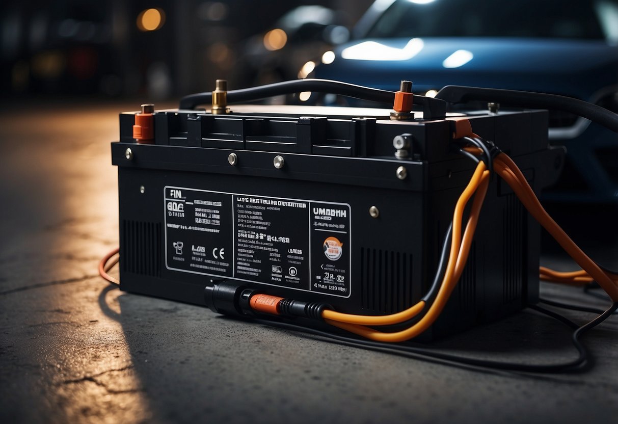 A car battery is connected to an inverter with cables, sitting on a concrete floor in a dimly lit garage