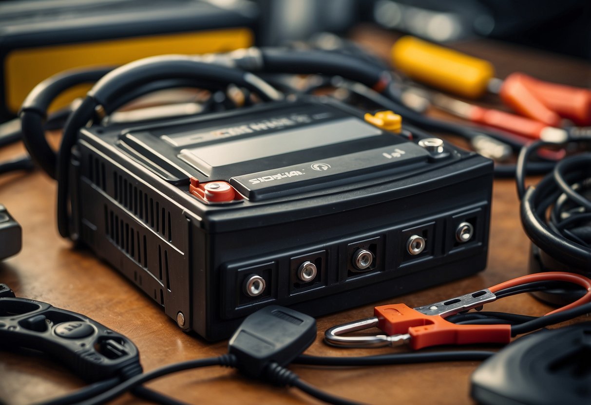 A car battery connected to an inverter, with wires and tools nearby for troubleshooting