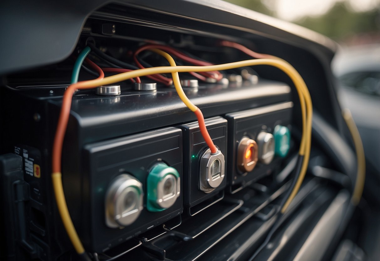 Several car batteries connected to an air conditioner unit, wires running between them