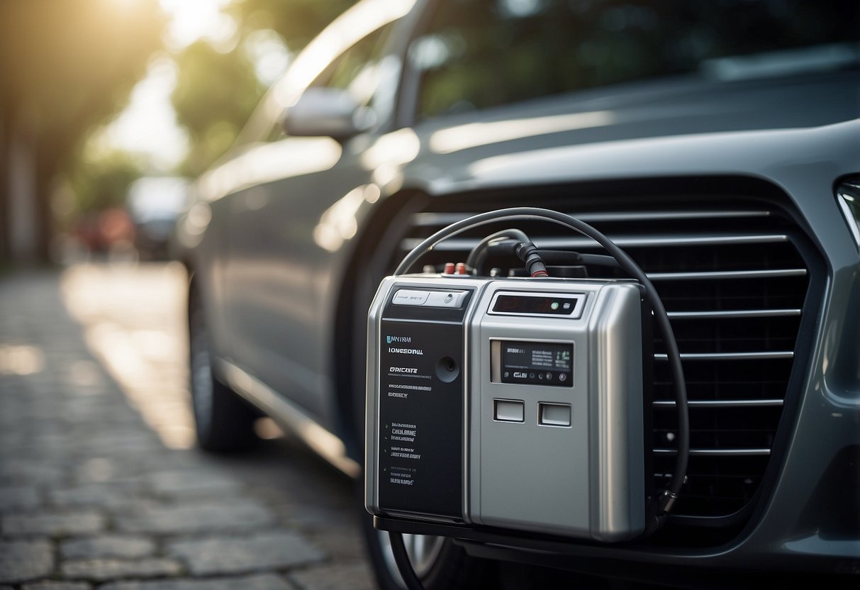 A car battery connected to an air conditioner unit, powering it in a hot outdoor setting