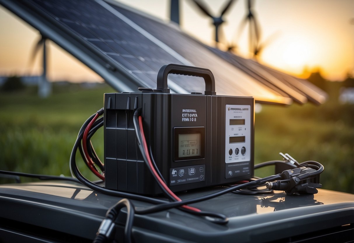 A car battery connected to an air conditioner, surrounded by solar panels and wind turbines, with a meter displaying energy usage