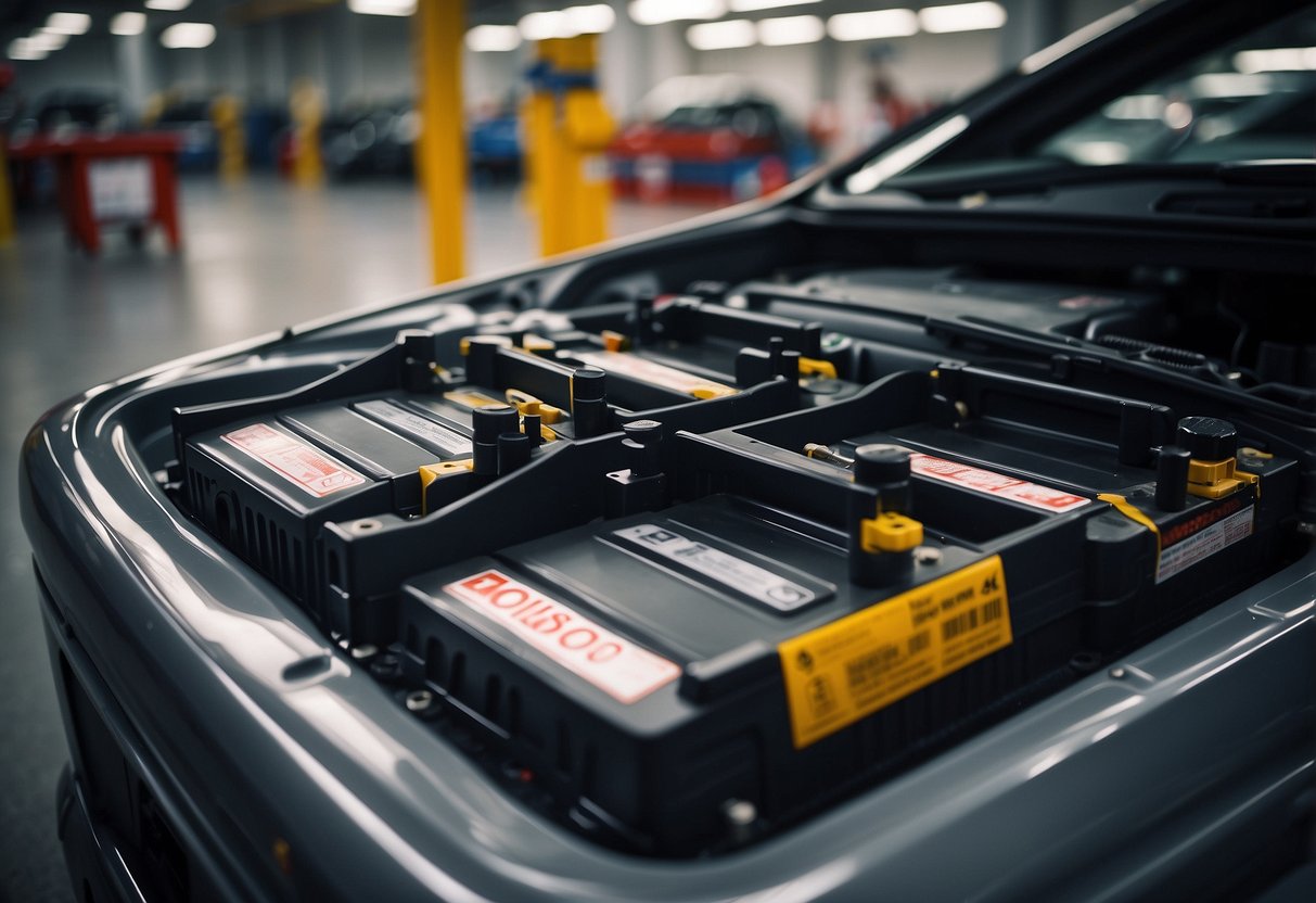 A car battery being installed in a Costco auto service center