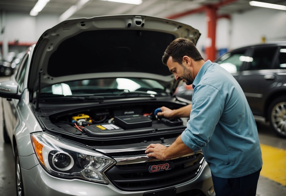 A Costco employee installs a car battery in a customer's vehicle