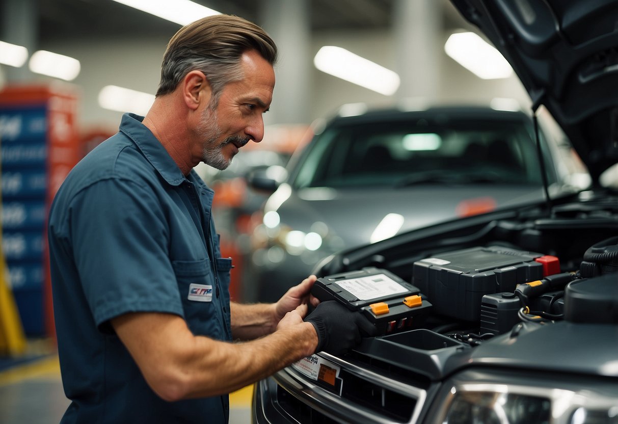 A mechanic at Costco installs a car battery while displaying warranty information and maintenance guidelines