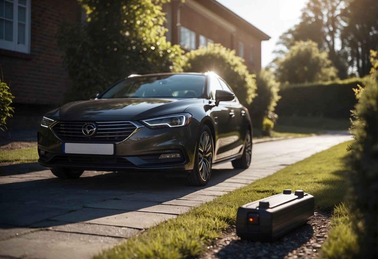 A car parked in a driveway, engine running, with a battery charging gauge showing an increase in power