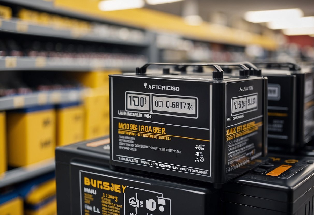 A car battery sitting on a shelf in a store, surrounded by various factors affecting battery life, such as extreme temperatures and improper maintenance. A sign nearby reads "Used Car Batteries for Sale."