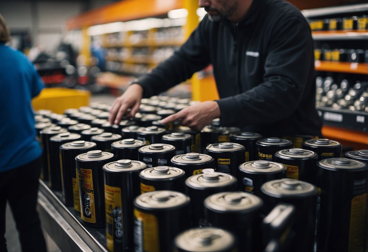 A person browsing through a variety of used car batteries at a local auto parts store, weighing the benefits and risks of purchasing a second-hand battery