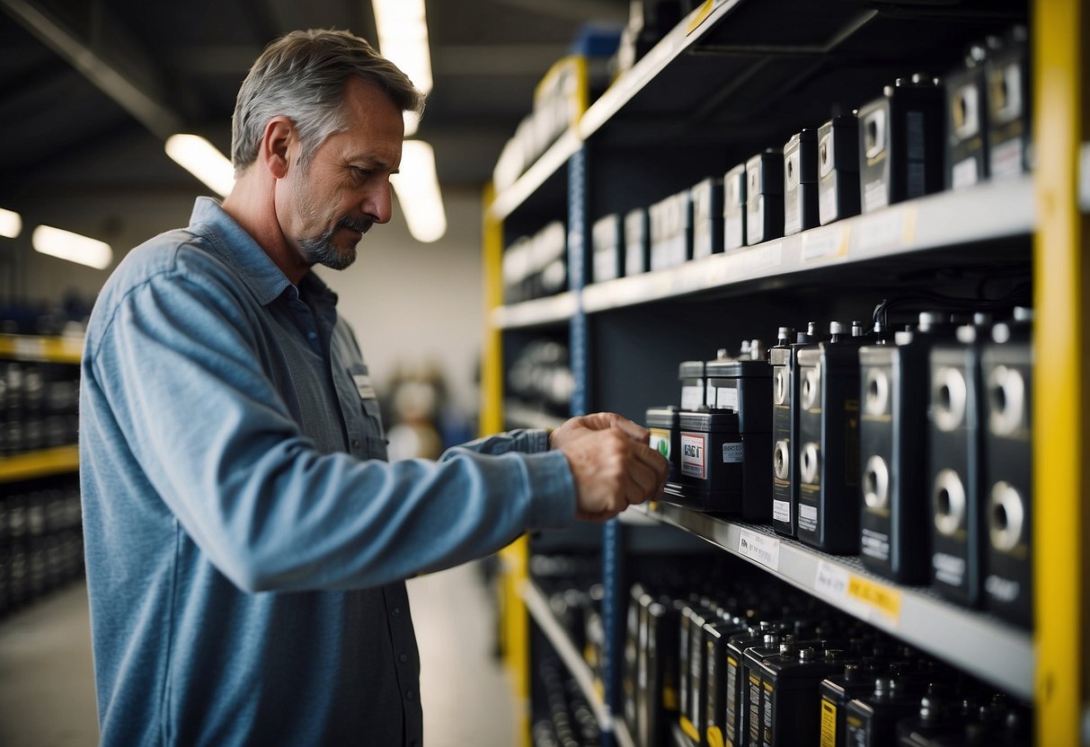 A customer browsing through shelves of used car batteries at a vehicle maintenance store