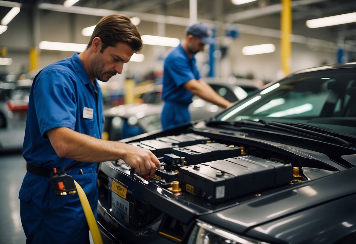 A car battery being installed at a Sam's Club service center