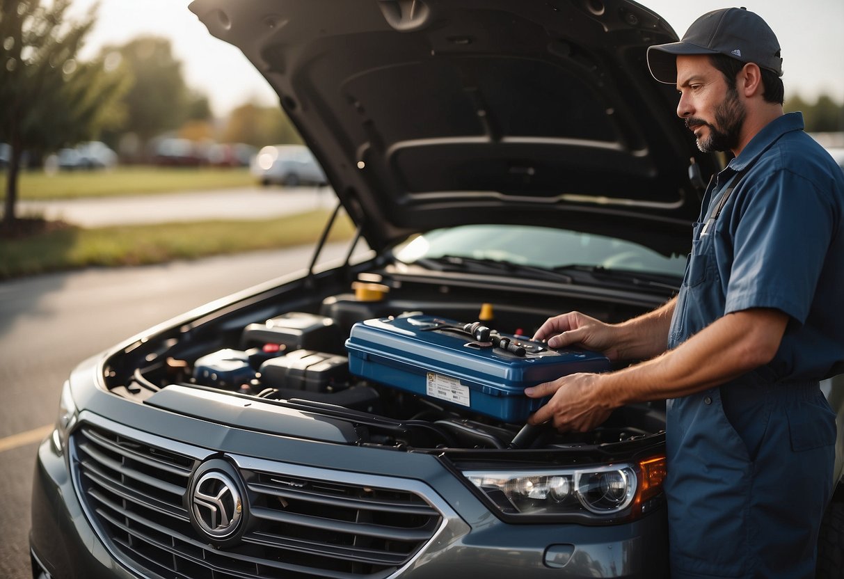 A car with an open hood, a Sam's Club employee holding a car battery, and a tool kit nearby