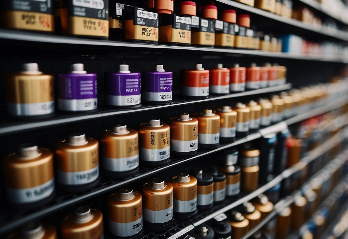 Various batteries displayed on shelves, including car batteries. Signage indicates compatibility information