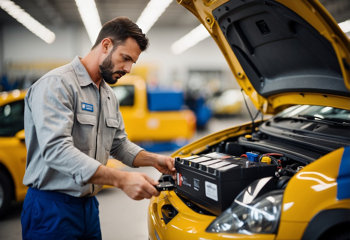 A mechanic at Sam's Club installs a car battery, showcasing the warranty and guarantees