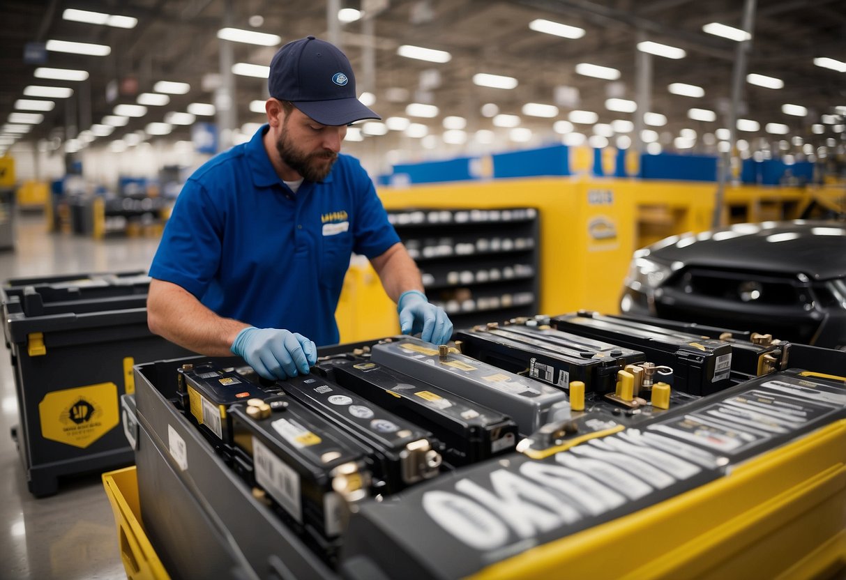 A car battery being installed at Sam's Club, with a focus on the responsible disposal of the old battery and the use of recycled materials in the new one