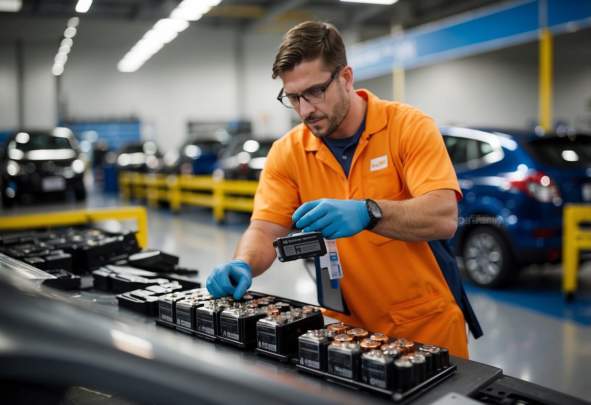 Sam's Club installs car batteries. A technician is seen replacing a battery in a vehicle with a variety of car batteries displayed nearby