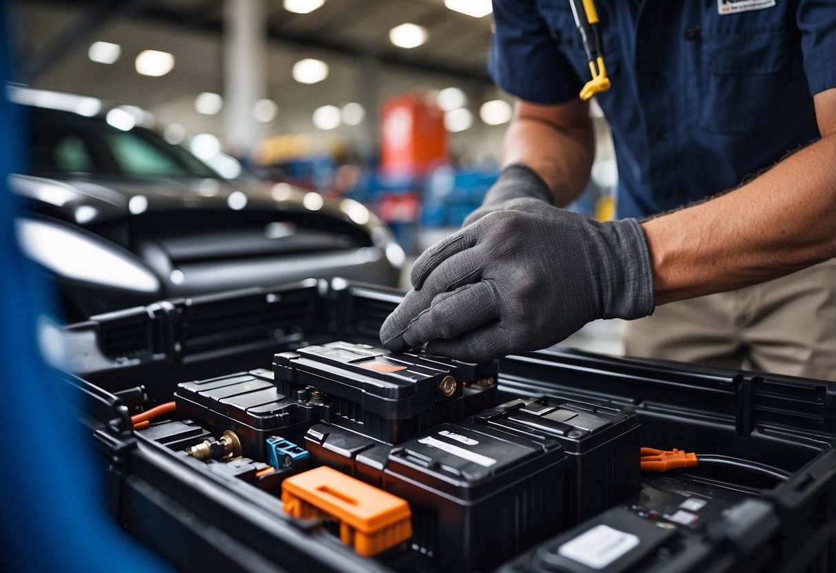 A car battery being installed by a technician at Sam's Club, with tools and equipment neatly arranged nearby for optimal performance