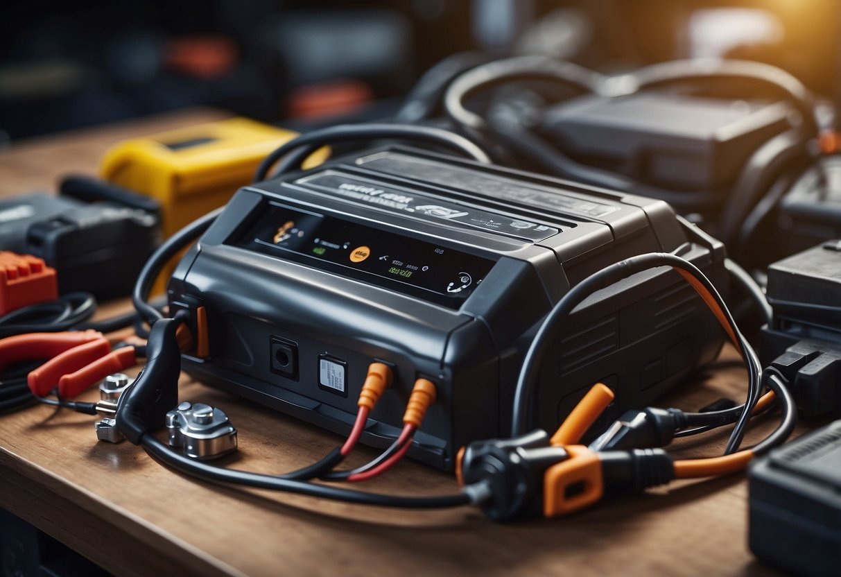 A new car battery sits on a workbench, surrounded by tools and cables. An electric charger is connected to the battery, with a small indicator light showing it is charging