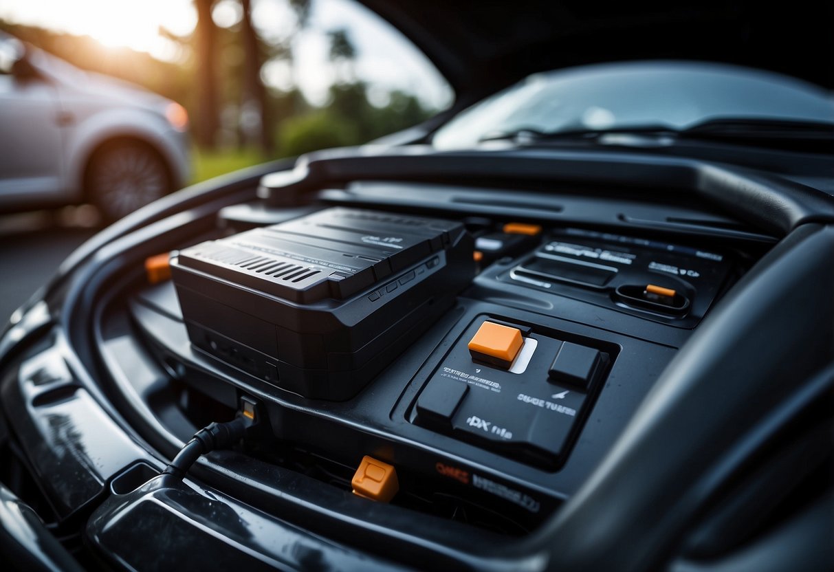 A car battery is connected to a charging system, with electrical currents flowing to recharge the battery, ensuring it has enough power to start the car