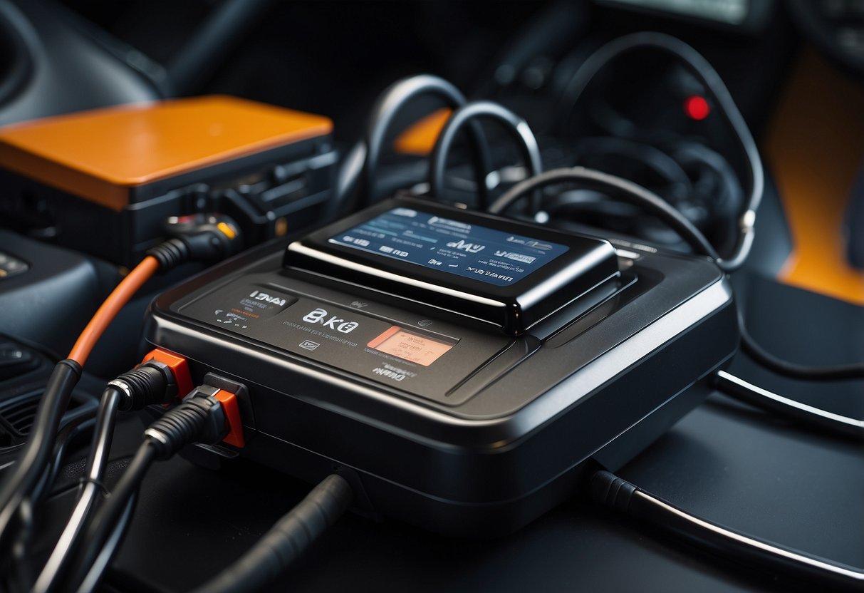 A new car battery sits on a charger, with cables connected and a digital display showing the charging progress