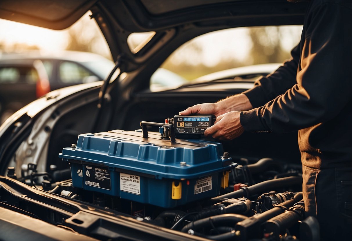 A car with its hood open, a mechanic holding a car battery, and a Triple A truck in the background