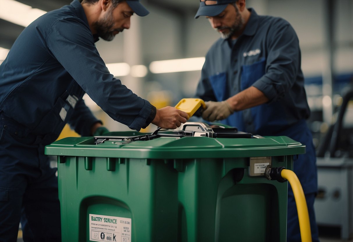 A mechanic disposes of a car battery in a designated recycling bin at a Triple A service center