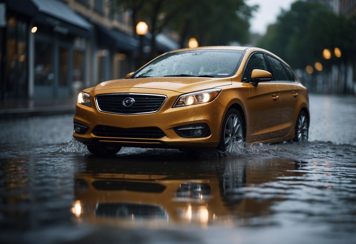 A car battery sits in a puddle of water, with rain droplets falling on it