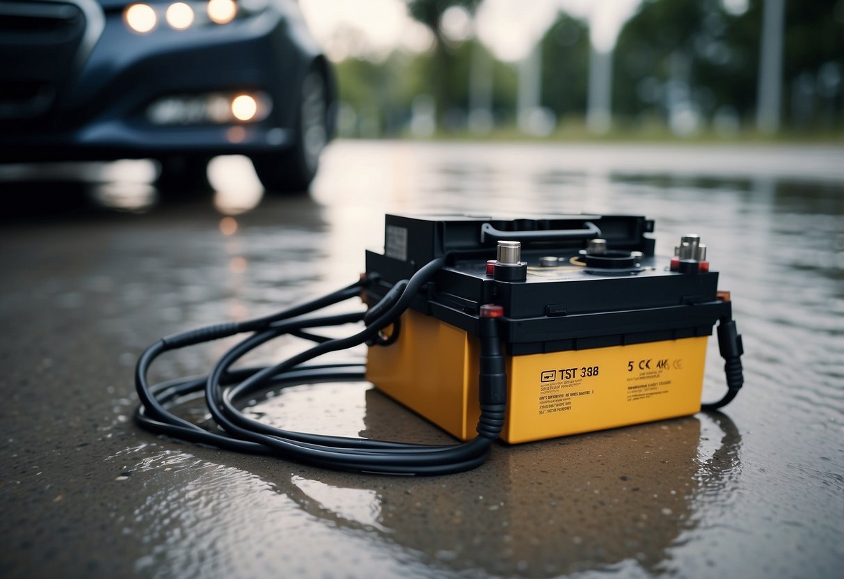 A car battery sits on a concrete floor, surrounded by water droplets. It is connected to cables and terminals, with a label indicating its waterproof nature