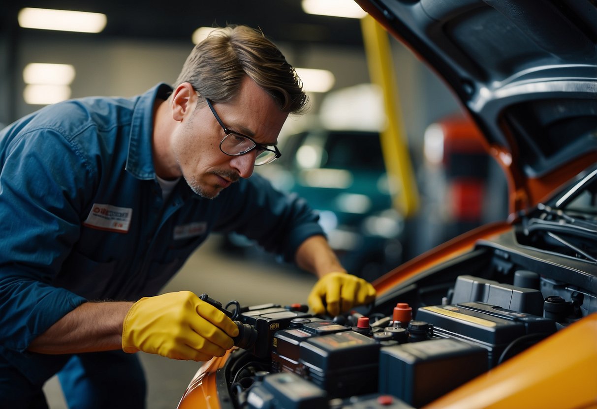 A mechanic inspects a car battery for water damage, using a flashlight and a multimeter